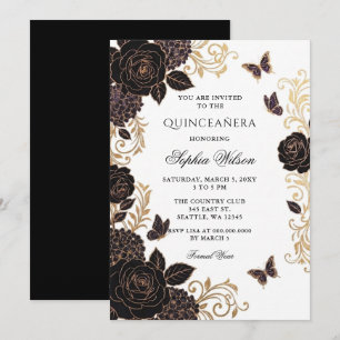 Invitación Oro Negro Floral Mariposa Quinceañera