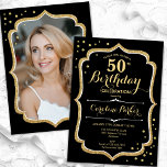 Invitación Oro Negro Foto 50 cumpleaños<br><div class="desc">Elegante invitación de 50 años con tu foto en la parte trasera de la tarjeta. Diseño negro de cristal con oro falso purpurina. Presenta el tipo de letra del guión y el perfil. Perfecto para un elegante fiesta de celebración de cumpleaños. Personaliza con tus propios detalles. ¡Se puede personalizar para...</div>