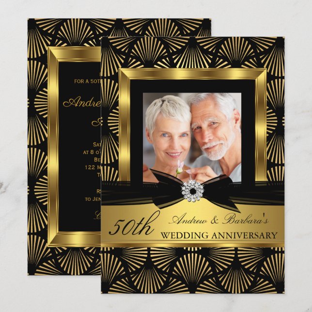 Invitación Oro negro foto del 50° aniversario del Boda (Anverso / Reverso)