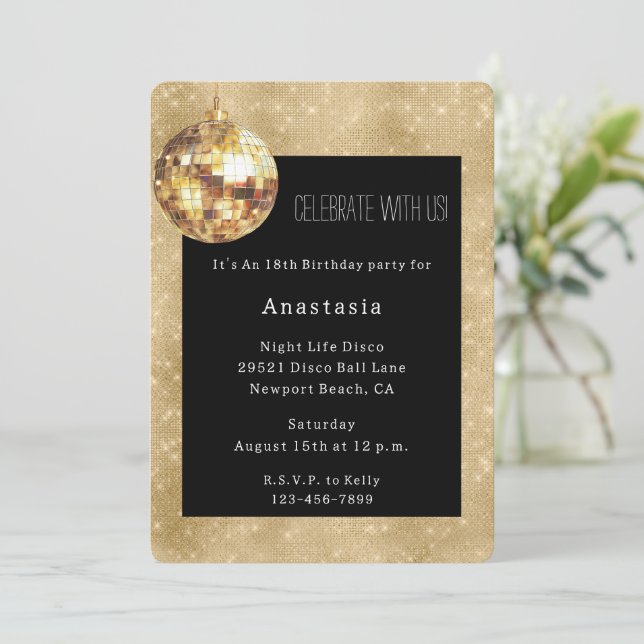 Invitación Oro Negro Glam Brillo Bola de Disco Cumpleaños (Anverso de pie)