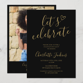 Invitación Oro Negro Guión Celebrar Foto Fiesta de Graduación