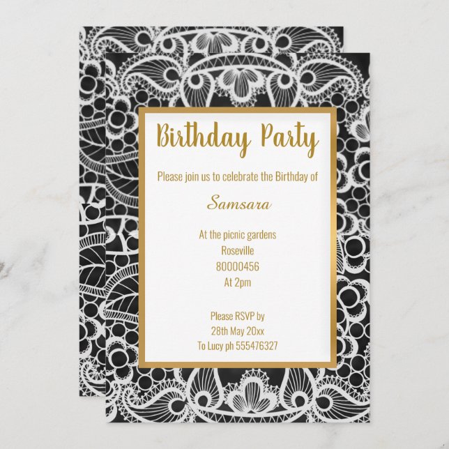 INVITACIÓN ORO NEGRO LACE ORO TRIM ELEGANTE CUMPLEAÑOS (Anverso / Reverso)