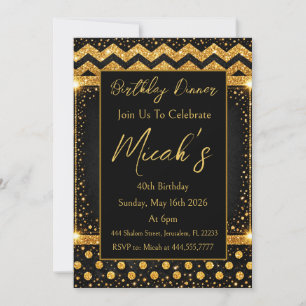 Invitación Oro Negro Líneas Zig zag Confeti Puntos Lujo Chic