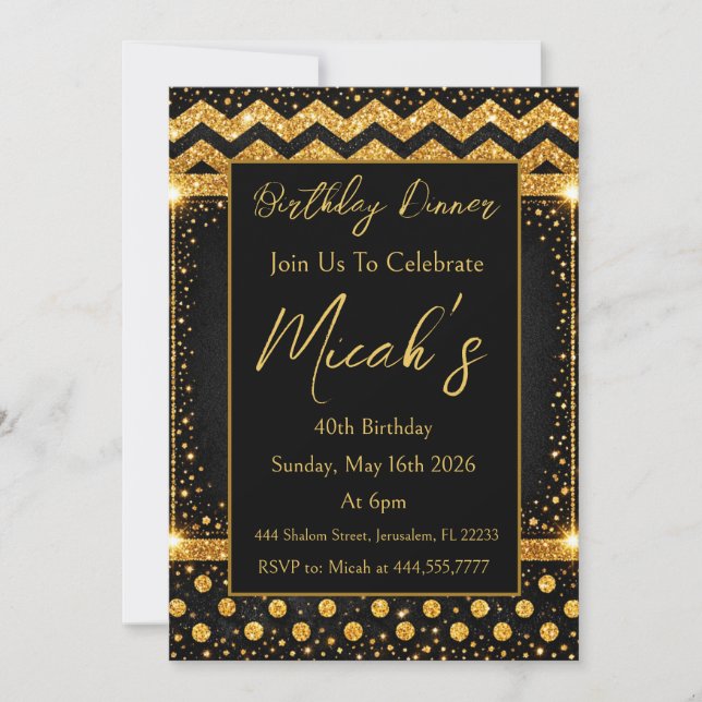 Invitación Oro Negro Líneas Zig zag Confeti Puntos Lujo Chic (Anverso)
