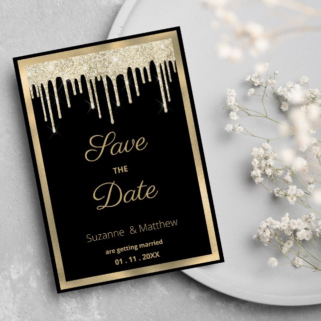 Invitación Oro negro lujo brillo gotas Guardar la Fecha (Black gold luxury glitter drips Save the Date )