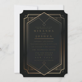 Invitación Oro Negro Lujo Elegante Boda Art Déco