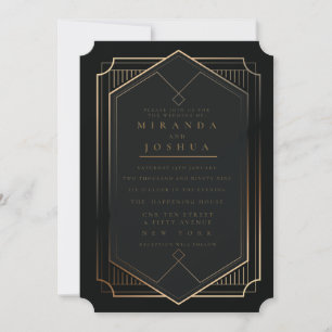 Invitación Oro Negro Lujo Elegante Boda Art Déco
