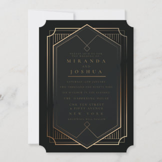 Invitación Oro Negro Lujo Elegante Boda Art Déco