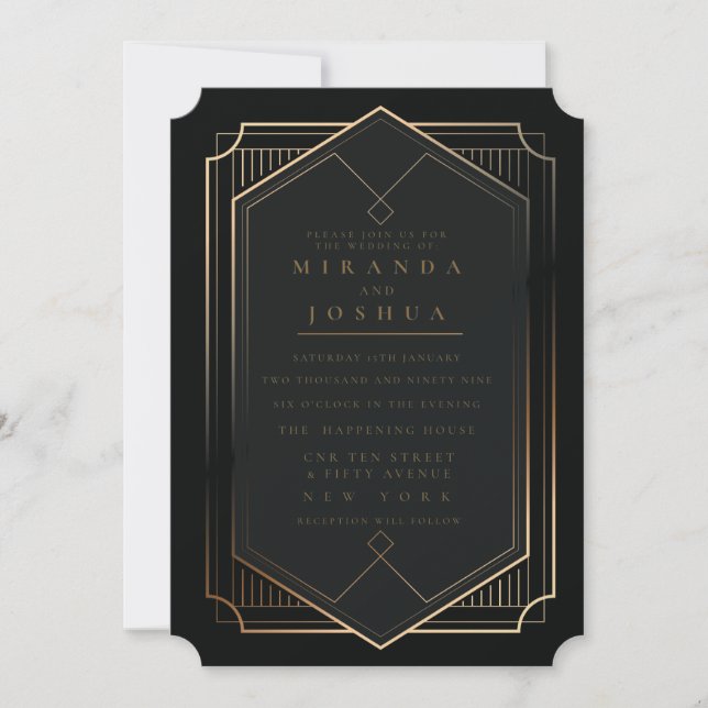 Invitación Oro Negro Lujo Elegante Boda Art Déco (Anverso)