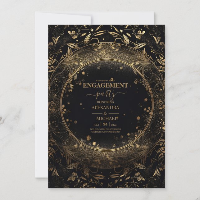 Invitación Oro Negro Místico Compromiso Celestial (Anverso)
