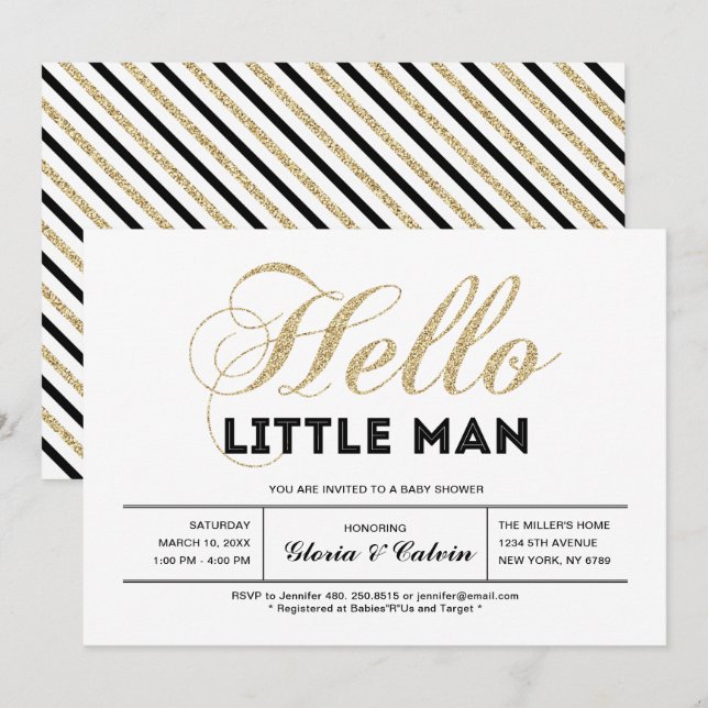 Invitación Oro, negro | Moderna Typography Boy Baby Shower (Anverso / Reverso)
