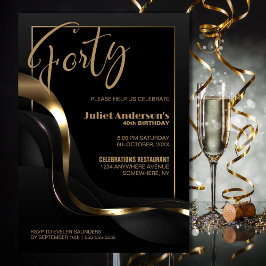 Invitación Oro negro moderno 40.º Fiesta de cumpleaños