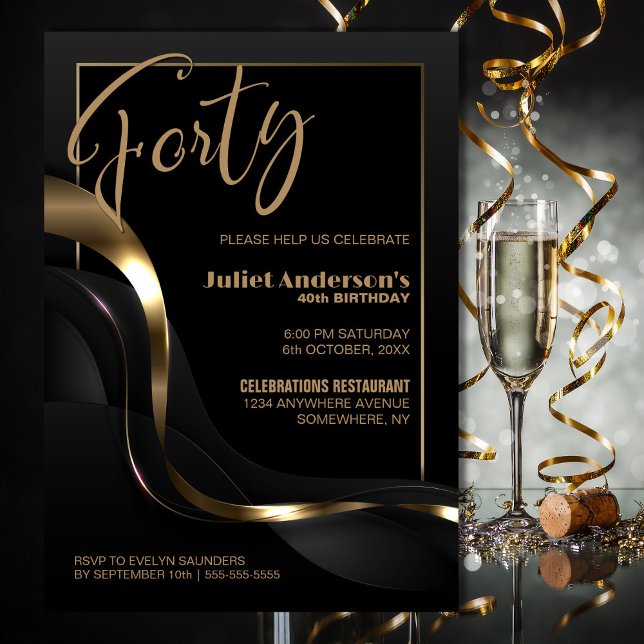 Invitación Oro negro moderno 40.º Fiesta de cumpleaños (Subido por el creador)