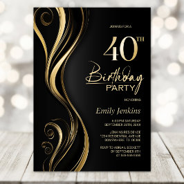Invitación Oro negro moderno 40.º Fiesta de cumpleaños