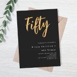 Invitación Oro negro moderno 50 cumpleaños<br><div class="desc">Una invitación moderna y elegante para una fiesta de cumpleaños número 50 tanto para él como para ella. Fondo negro clásico y la palabra Cincuenta escrito con grandes letras falsas de oro. Personalice y agregue un nombre y detalles del fiesta. Texto blanco.</div>
