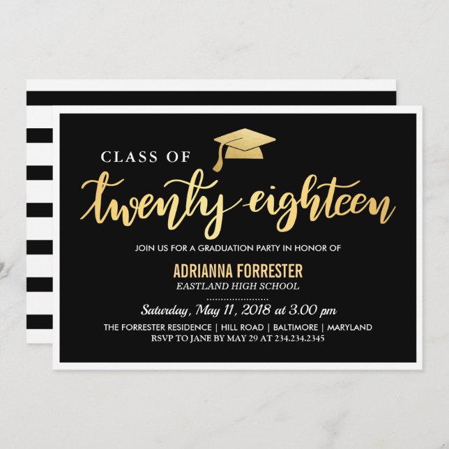 Invitación Oro negro moderno| Clase De Graduado De Script 201 (Anverso / Reverso)