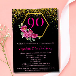 Invitación Oro Negro Moderno Español y Rosa Cumpleaños 90