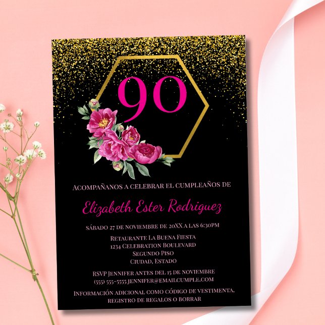 Invitación Oro Negro Moderno Español y Rosa Cumpleaños 90 (Subido por el creador)