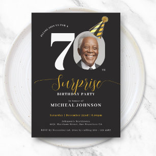 Invitación Oro Negro Moderno Foto Sorpresa 70 Cumpleaños