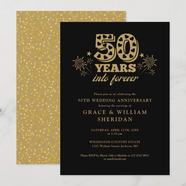 Invitación Oro negro para siempre 50 aniversario de bodas (Anverso / Reverso)