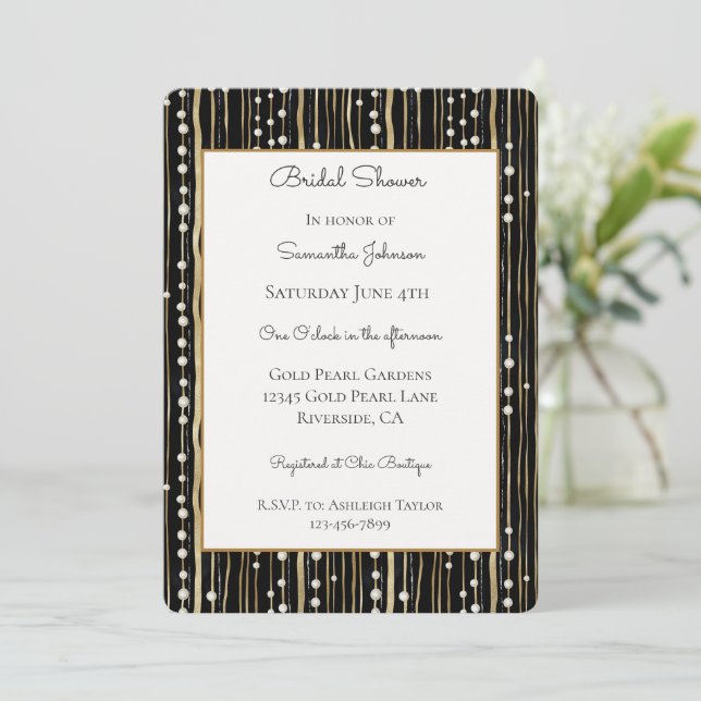 Invitación Oro Negro Perlas Blancas Despedida de Soltera   (Anverso de pie)