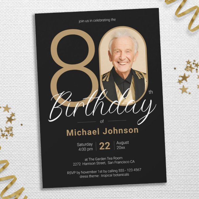 Invitación Oro Negro Personalizado simple foto 80 cumpleaños  (Photo 80th Birthday Gold Black Chic Simple Custom Invitation)