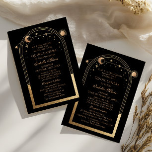 Invitación Oro Negro Quinceañera Bilingüe Celestial