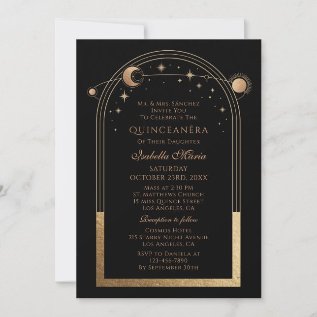 Invitación Oro Negro Quinceañera Celestial (Anverso)
