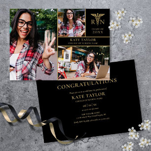 Invitación Oro Negro RN Enfermería 3 Foto Fiesta de Graduació