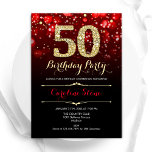Invitación Oro Negro Rojo 50 cumpleaños<br><div class="desc">50.ª invitación a la fiesta de cumpleaños. Elegante diseño negro rojo con falso oro purpurina. Cuenta con diamantes elegantes, luces de bokeh y fuente de guiones. Invitación de cumpleaños de hombres o mujeres. Perfecto para una elegante fiesta de cumpleaños. Personaliza con tus propios detalles. Mándame un mensaje si necesitas más...</div>