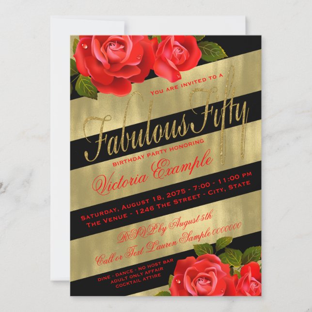 Invitación Oro Negro Rosa Roja 50 Cumpleaños (Anverso)