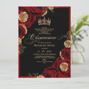 Invitación Oro Negro Rosas Rojas Princesa Quinceañera