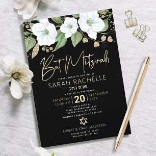 Invitación Oro Negro Script Bat Mitzvah Acuarela Floral