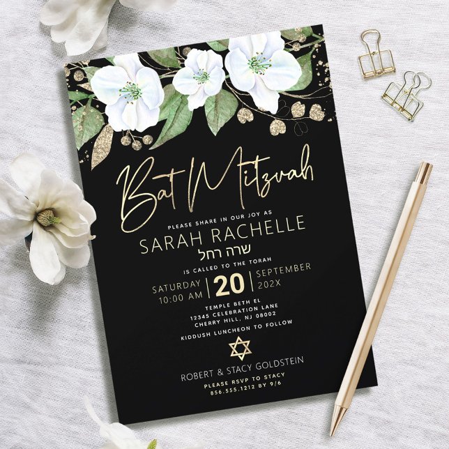 Invitación Oro Negro Script Bat Mitzvah Acuarela Floral (Subido por el creador)