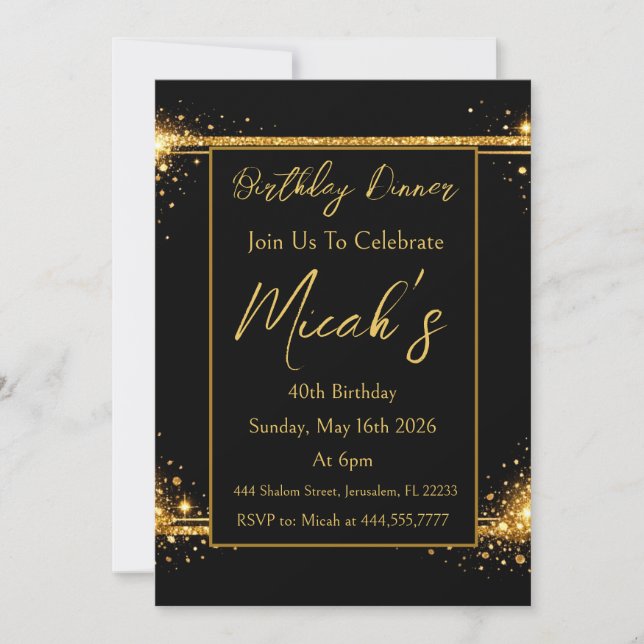 Invitación Oro Negro Simple Brillos Brillante Lujo  (Anverso)