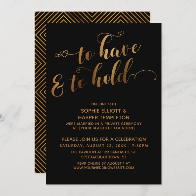 Invitación Oro Negro Tendrá Evento Post-Nupcial De Tener Y Po (Anverso / Reverso)