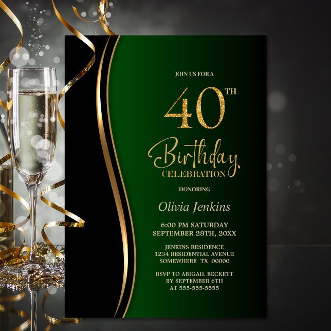 Invitación Oro negro verde 40.º Fiesta de cumpleaños (Subido por el creador)
