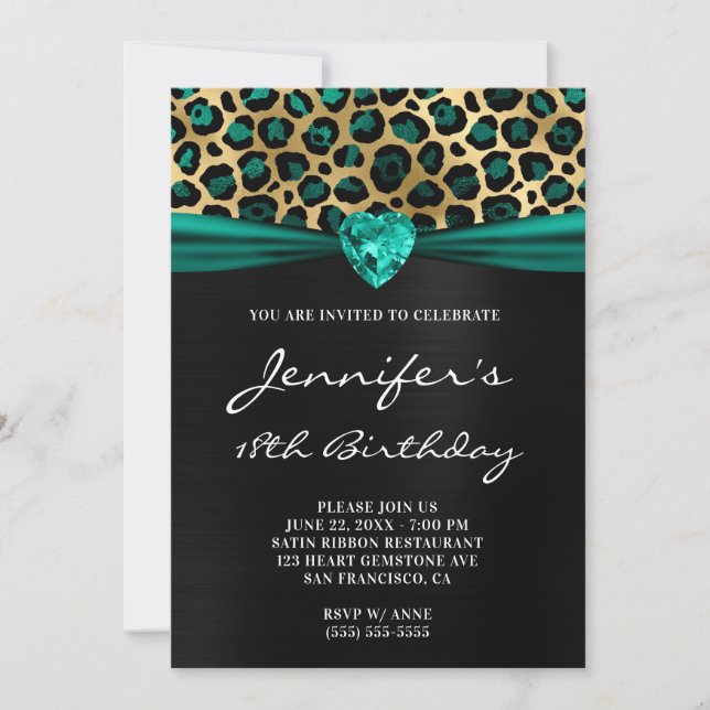 Invitación Oro Negro Verde azulado Leopardo Verde Relieve met (Anverso)