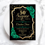 Invitación Oro Negro Verde Sorpresa 50 cumpleaños<br><div class="desc">Sorpresa 50.ª Invitación de fiesta de cumpleaños. Diseño femenino negro y verde esmeralda con oro falso purpurina. Incluye rosas, tipo de letra de guión y configuración. Perfecto para una elegante celebración del cumpleaños de las mujeres. Se puede personalizar para mostrar cualquier edad. Invitaciones Zazzle impresas o una plantilla imprimible digital...</div>