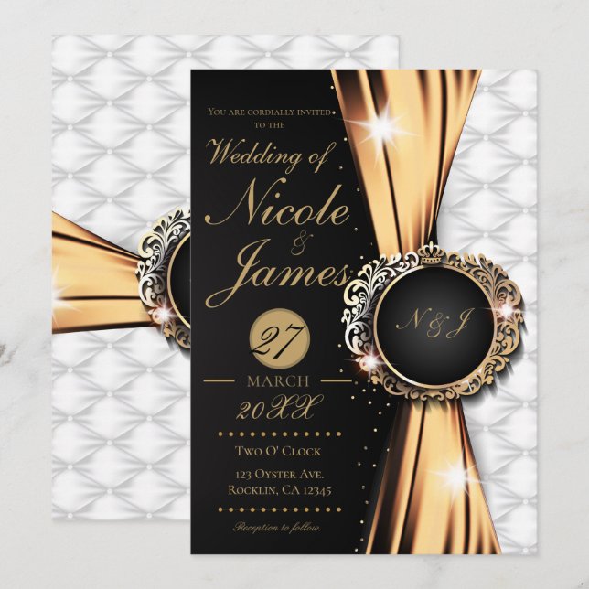 Invitación Oro Negro y Blanca Elegante Boda de Lujo o Evento (Anverso / Reverso)