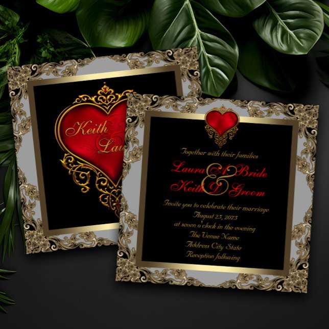 Invitación Oro negro y Boda del corazón rojo (Elegant red, black gold heart invitations.)