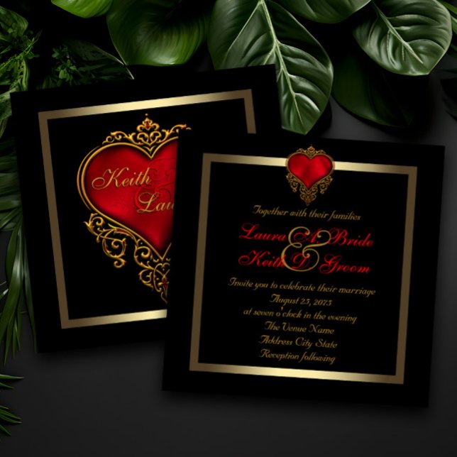 Invitación Oro negro y Boda del corazón rojo (Dramatic elegant red, black and gold wedding invitation with beautiful red and gold heart.)