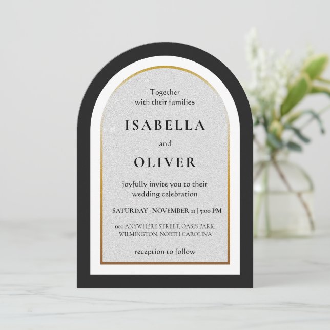 Invitación Oro negro y boda simple blanca (Anverso de pie)