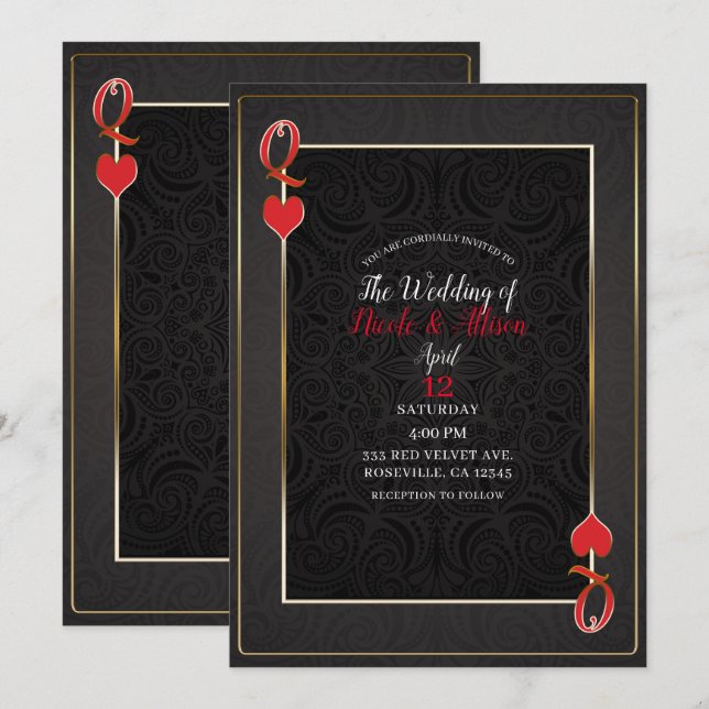 Invitación Oro negro y Reina Roja de Corazones elegante boda (Anverso / Reverso)