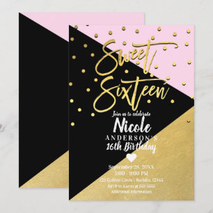 Invitación Oro Negro y Rosa Script Moderno Dulce 16 Dieciséis