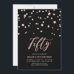 Invitación Oro Negro y Rosa Simple Cincuenta y 50 cumpleaños<br><div class="desc">Celebra tu día especial con esta invitación mínima de fiesta de 50 años. Este diseño cuenta con un elegante guión de letras "Fifty" con confeti en forma de hexágono y una combinación en color oro negro y rosa. Más diseños disponibles en mi tienda BaraBomDesign.</div>