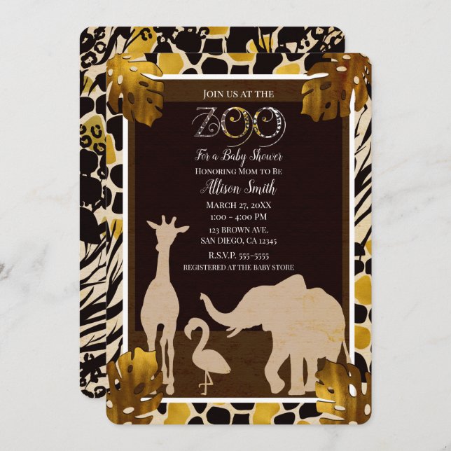 Invitación Oro Negro Zoo Animales Marrón Safari Impresión Fie (Anverso / Reverso)