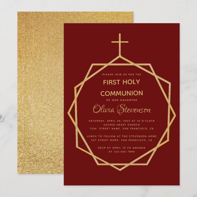 Invitación Oro Niña Borgoña Primera Comunión Geométrica (Anverso / Reverso)