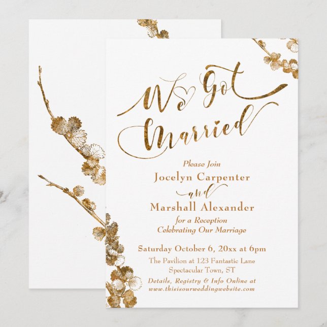 Invitación Oro Nos Casamos con Botánicos sobre Blanco (Anverso / Reverso)
