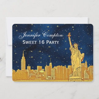 Invitación Oro NYC Silueta #2 Grabado Azul Estrellado BG H Sw